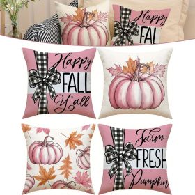 4Pcs Pillow Covers 18x18In Pink Pumpkin Maple Leaf Throw Cushion Cover Happy Fall Pillow Cushion Case for Thanksgiving Sofa Couch Bedroom Home Office