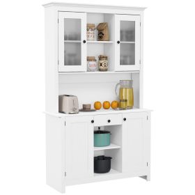 HOMCOM Freestanding Rustic Buffet with Hutch, Kitchen Pantry Cabinet, Microwave Stand with Beadboard Panel, Drawer and Adjustable Shelves, White