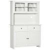 HOMCOM 63.5" Kitchen Hutch Cabinet, Pantry Storage Cabinet with 4 Shelves, Drawers, Framed Glass Doors, Open Microwave Countertop, Antique White
