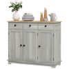 HOMCOM Kitchen Storage Cabinet, Sideboard with Solid Wood Top, Adjustable Shelf, 3 Drawers, Light Gray