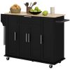 HOMCOM Modern Black Kitchen Island Cart with Natural Wood Top, Drawers, Towel Rack & Cabinet