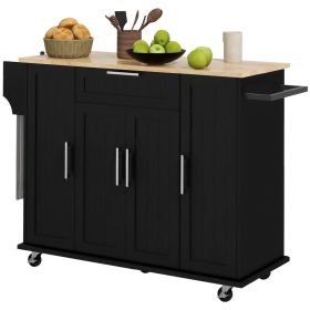 HOMCOM Modern Black Kitchen Island Cart with Natural Wood Top, Drawers, Towel Rack & Cabinet