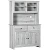 HOMCOM 63.5" Kitchen Pantry Cabinet Storage with Hutch, 4 Shelves, Drawers, Glass Doors, Open Microwave Countertop, Ash Gray