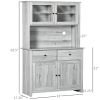 HOMCOM 63.5" Kitchen Pantry Cabinet Storage with Hutch, 4 Shelves, Drawers, Glass Doors, Open Microwave Countertop, Ash Gray