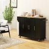 HOMCOM Modern Black Kitchen Island Cart with Natural Wood Top, Drawers, Towel Rack & Cabinet