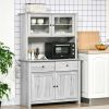 HOMCOM 63.5" Kitchen Pantry Cabinet Storage with Hutch, 4 Shelves, Drawers, Glass Doors, Open Microwave Countertop, Ash Gray