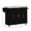 HOMCOM Modern Black Kitchen Island Cart with Natural Wood Top, Drawers, Towel Rack & Cabinet
