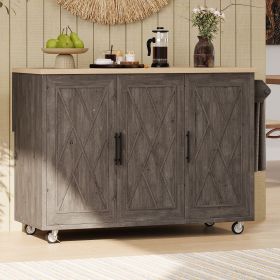 51.2"W Geometric Twill Stripe Textured Design Kitchen Island with Drop Leaf, Farmhouse Kitchen Island on Wheels with Internal Storage Rack (Color: Brown, Material: MDF,Pine)
