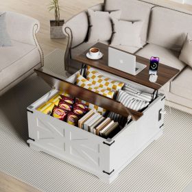 36" Farmhouse Coffee Table with Lift-Top, USB Charging Station & Hidden Storage - Sturdy Wooden Base, (Color: White)